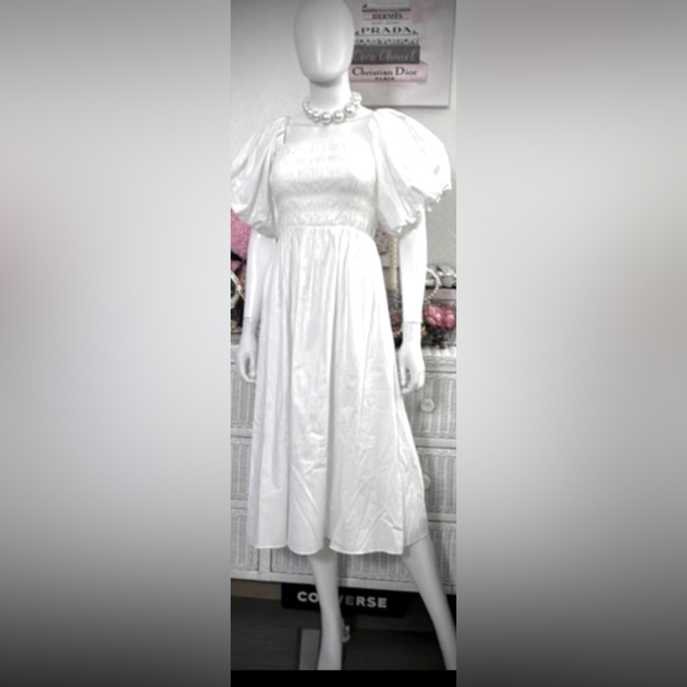 Reformation Tuli Midi Dress Organic Cotton Smocked Puff Sleeves in White size XS
